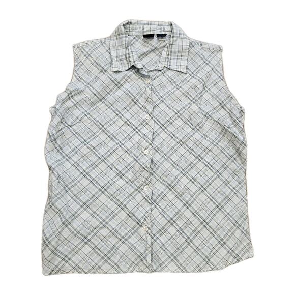 Vtg Y2K GAP Linen Sleeveless Blouse Women M Blue Plaid Preppy 2000s Boho Cottage - Picture 1 of 9